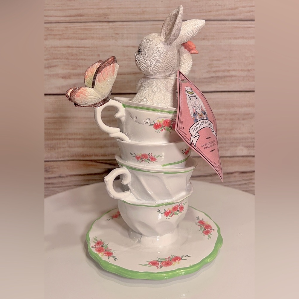 Pastel Easter Bunny in Dainty Floral Teacups with Butterflies set of 2 - Picture 2 of 5